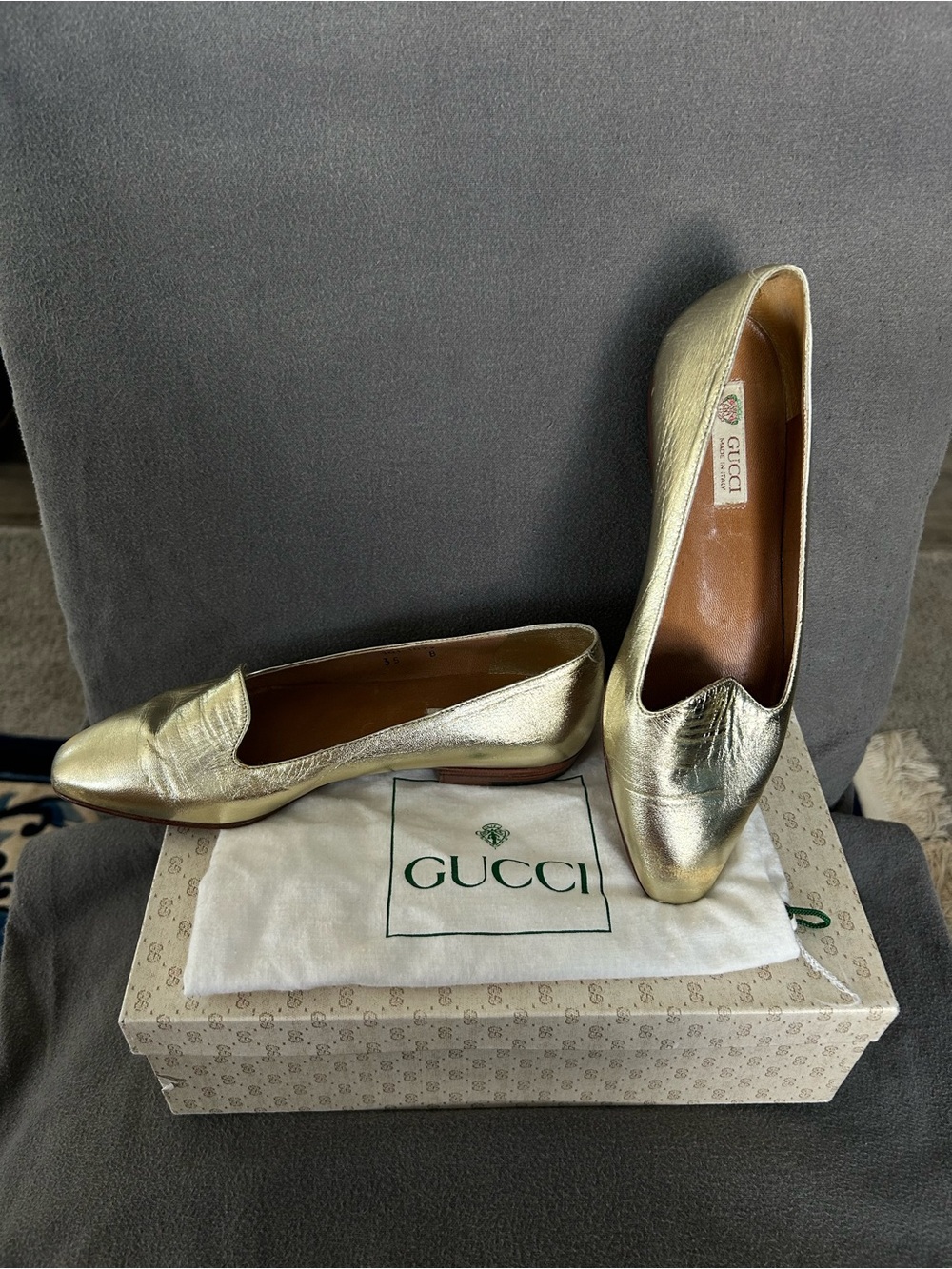 Vtg GUCCI Metallic Gold Leather Loafer Flats 35 US 5 Original Box Dust Bag